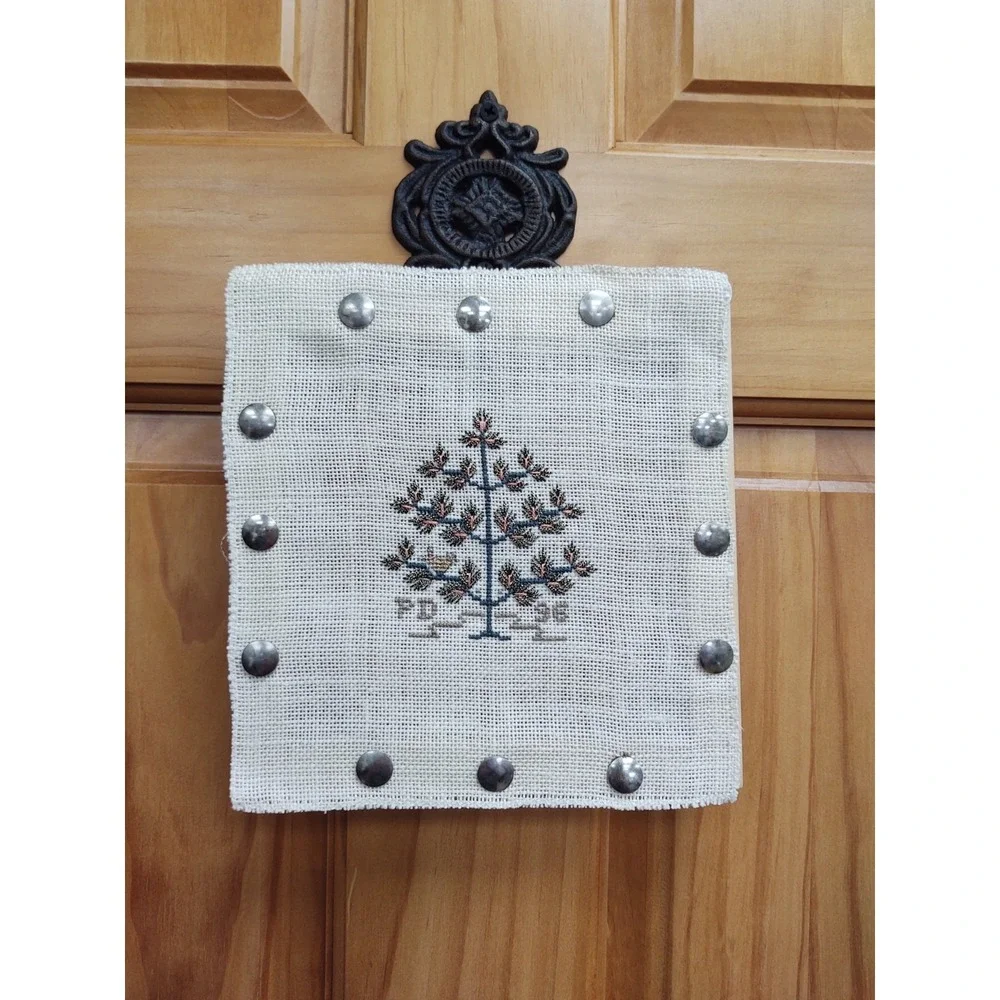 Vintage Completed Cross Stitch Tree Wood Frame Secured Brass Thumb Nails 7